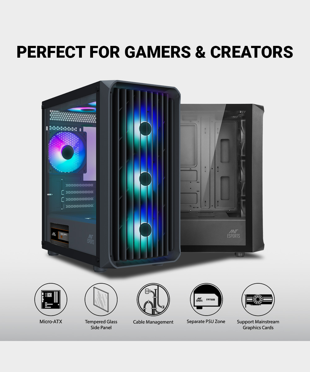 Ant Esports 205 Mini 6F Mid-Tower Computer Case/Gaming Cabinet – Black