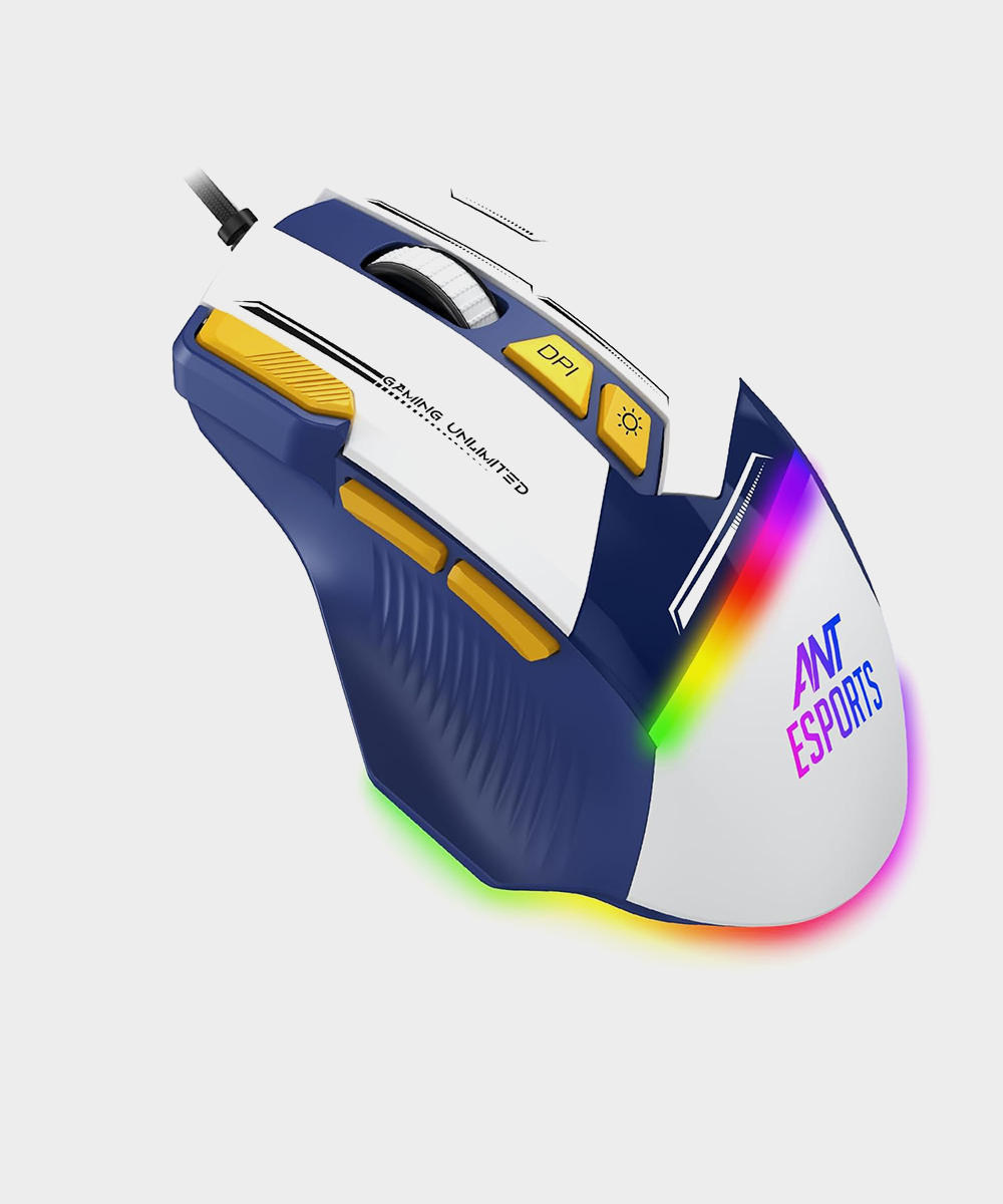 Ant Esports GM333 RGB Wired High End Optical Ergonomic Gaming Mouse With 12800 DPI 1.5M Braided Cable Comes with latest Inbuilt Software Huano Switches with Rubber coated Top cover -Black/White/Yellow