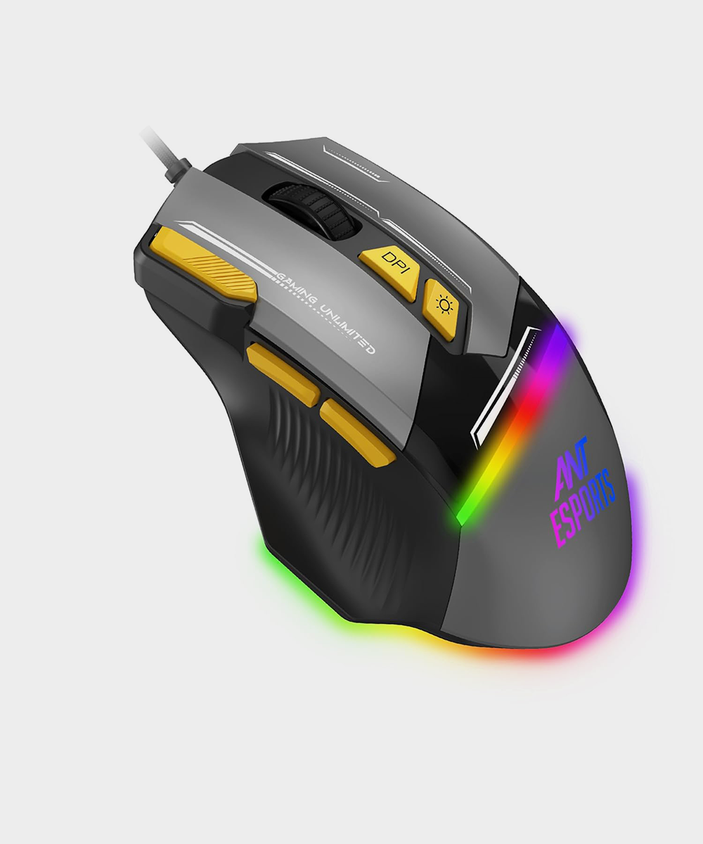Ant Esports GM333 RGB Wired High End Optical Ergonomic Gaming Mouse With 12800 DPI 1.5M Braided Cable Comes with latest Inbuilt Software Huano Switches with Rubber coated Top cover - Black/Grey/Yellow