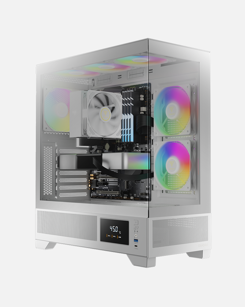 GAMDIAS Atlas M1 White, Mid Tower Gaming PC Case w/Display, ATX Tempered Glass PC Case, 3x120mm ARGB PWM Fans, Up to RTX GPU/VGA 410mm & 360mm AIO/Radiator & 6x120mm Fans & 160mm CPU Cooler