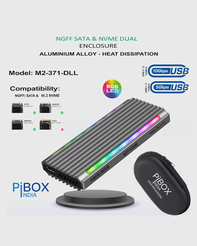 NVME M2 LED Enclosure, PiBOX India NVMe/NGFF SATA Dual SSD Enclosure - USB 3.2 10Gbps, Tool-Free M.2 NVMe Case, PCI-E NVMe Reader, USB-C, Supports M & B&M Keys, 2230/2242/2260/2280 SSD RTL9210B