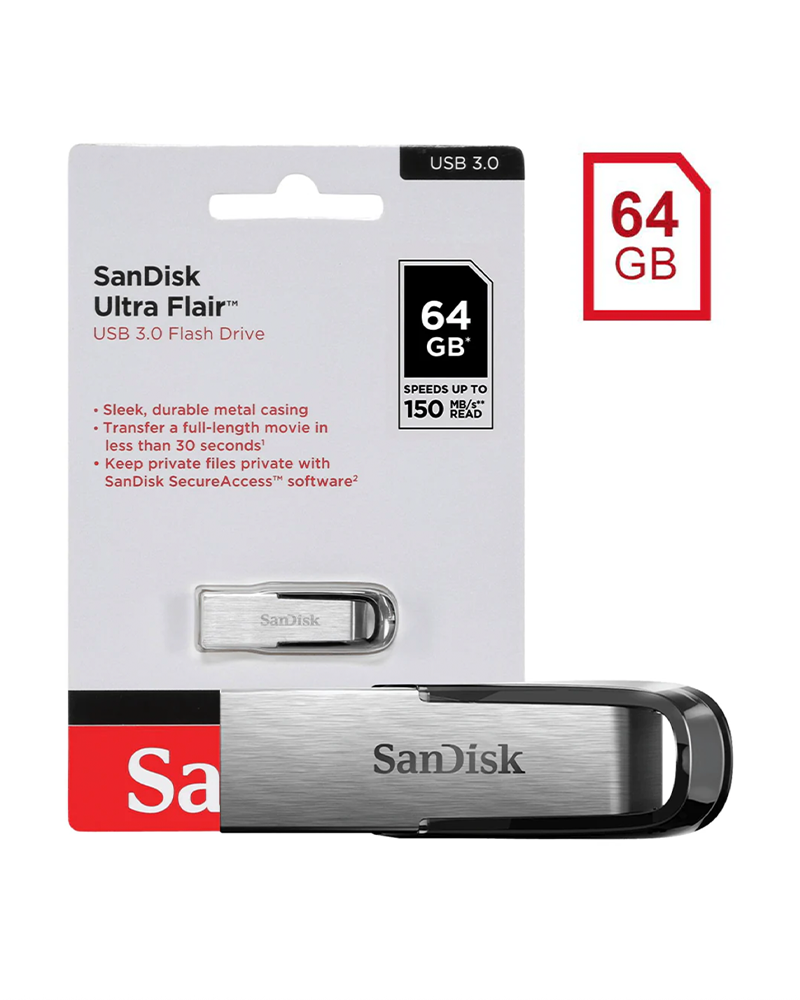 SanDisk Ultra Flair 64GB, USB 3.0, Flash Drive, Upto 150MB/s R, Pendrive, Metal, 5Y Warranty (SDCZ73-064G-I35)