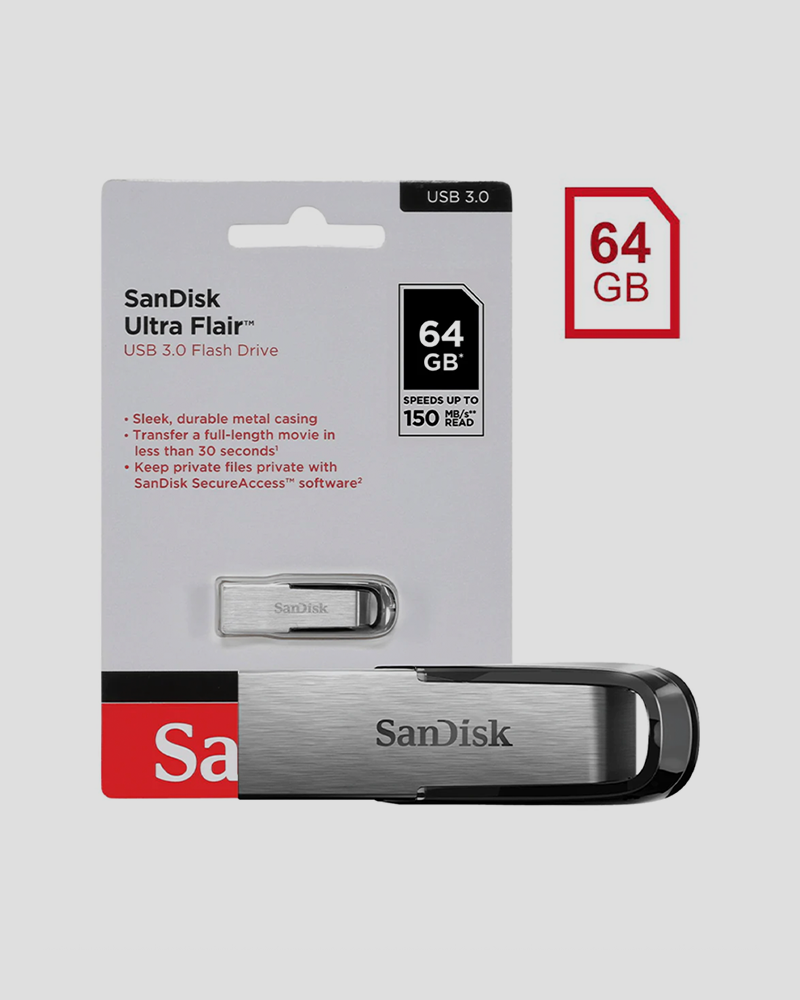 SanDisk Ultra Flair 64GB, USB 3.0, Flash Drive, Upto 150MB/s R, Pendrive, Metal, 5Y Warranty (SDCZ73-064G-I35)