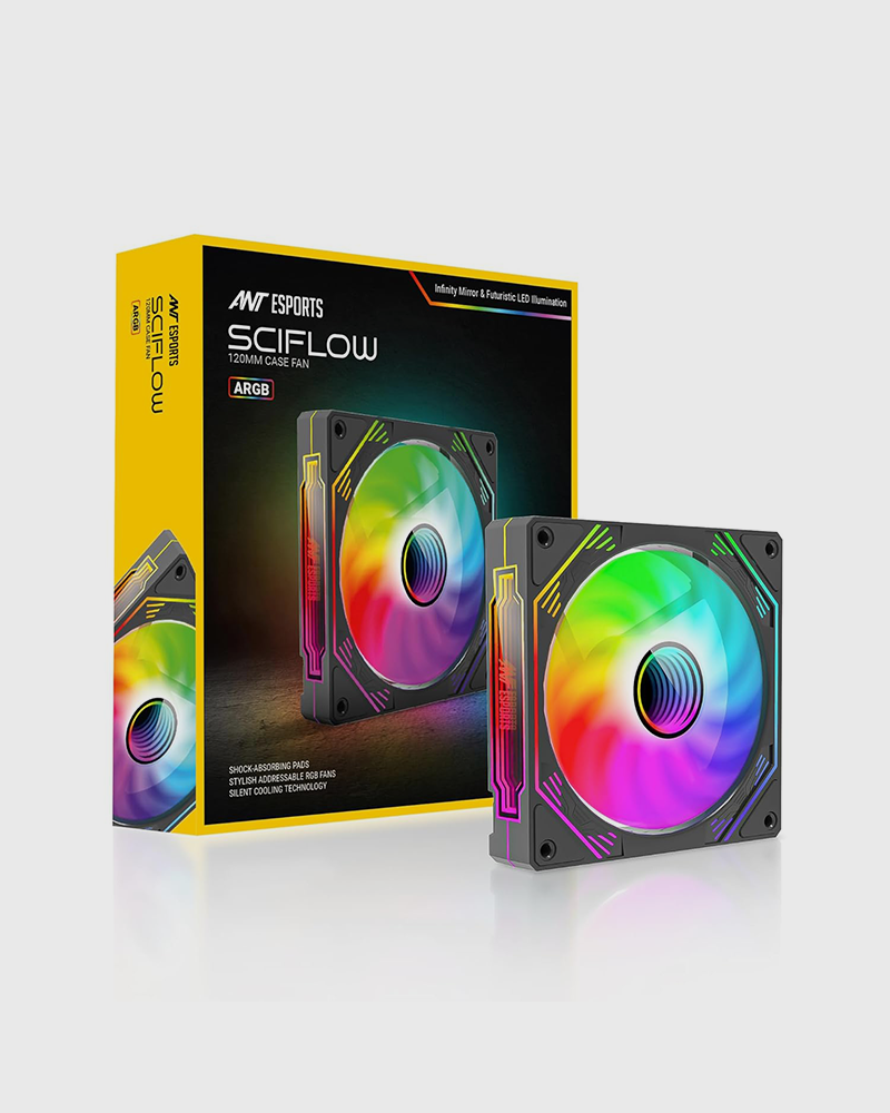 Ant Esports Sciflow 120mm ARGB Case Fan - Black, Infinity Mirror Design, PWM Control, RGB Sync, 1500 RPM, 65.4 CFM Airflow